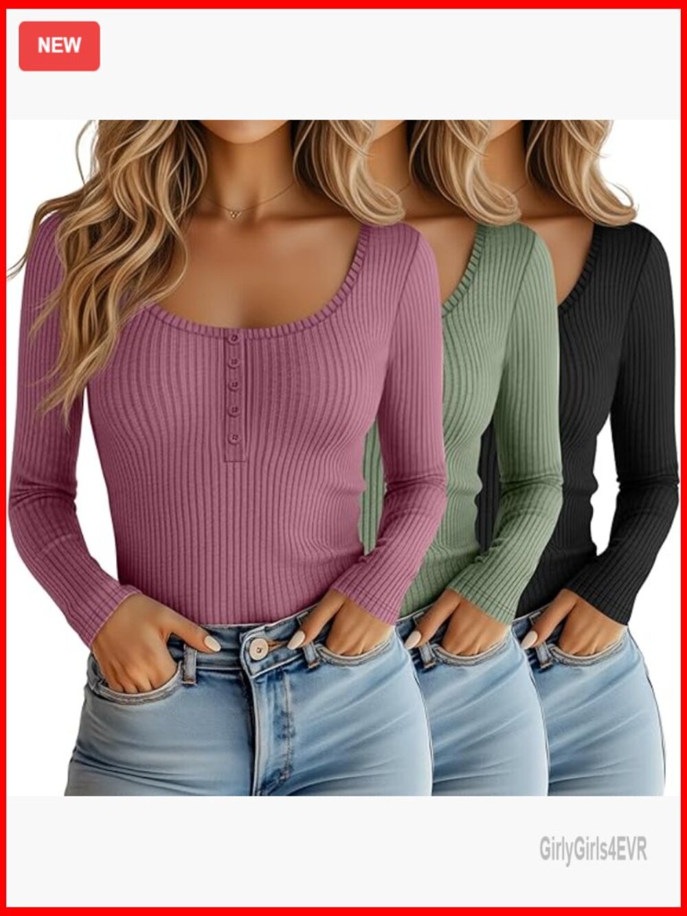 3 Pack Women's Ribbed Cotton Henley Shirts Long Sleeve Slim Fit Tunic Tees
